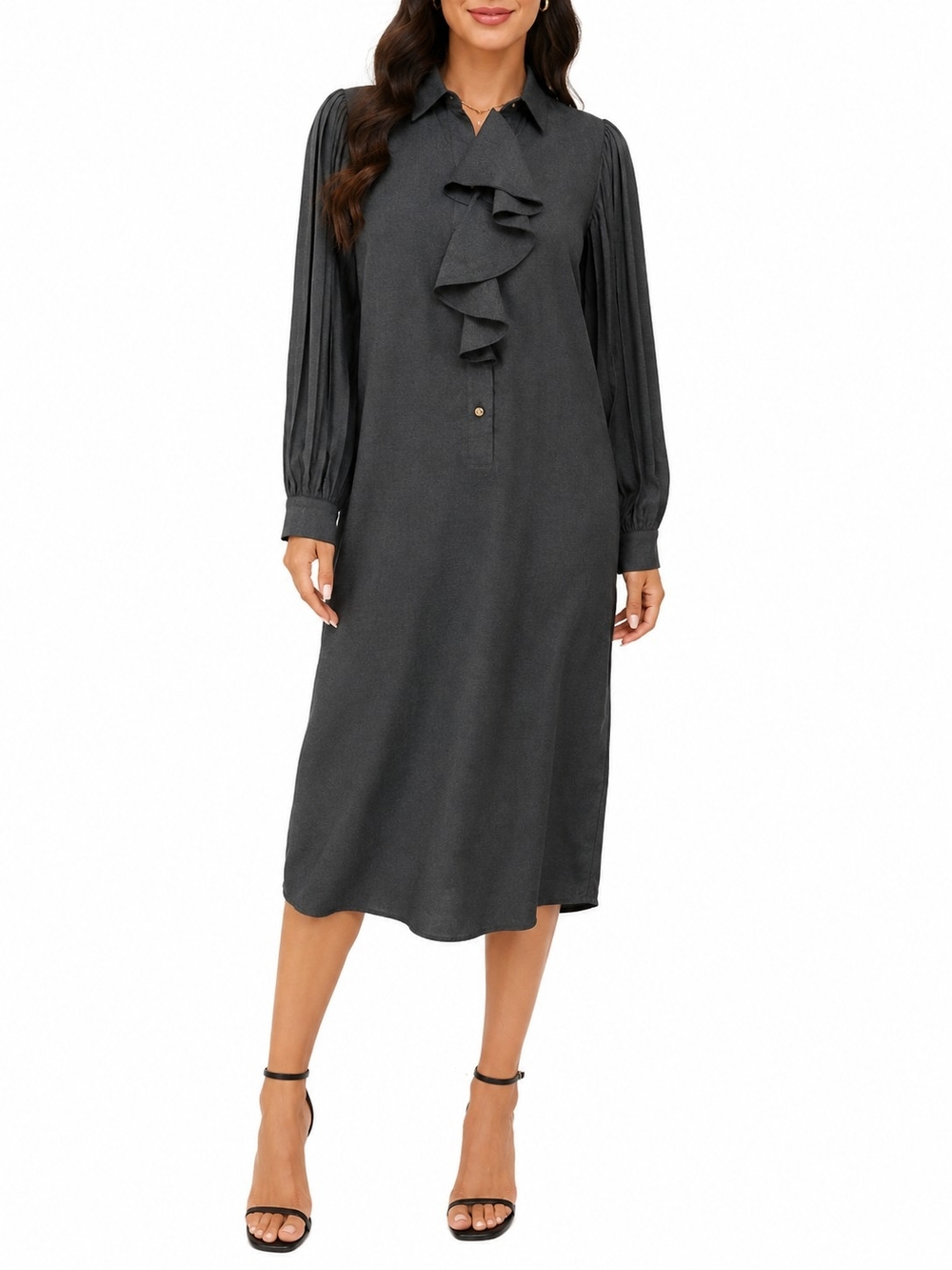 Howard Wolf Pleated-Sleeve Ruffle Front Midi Dress - Charcoal Black Women's 12